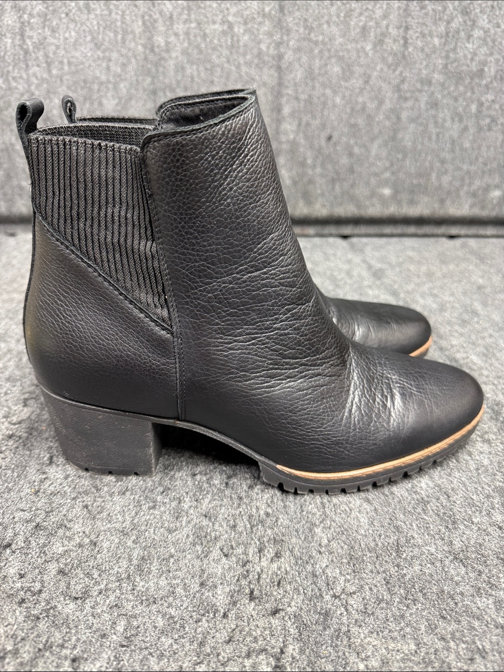 Dr. Scholl's Black Leather Ankle Booties with Lug Sole and Brown Trim - Picture 6 of 8